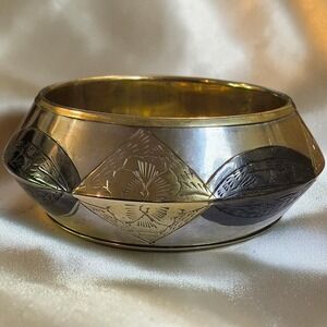 Vintage Brutalist Mixed Metal Wide Cuff Bracelet Modernist